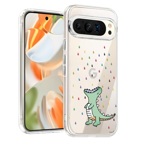 Unov Hülle Kompatibel mit Pixel 9 Pro XL Hülle klar Transparent Schlanke Schutzhülle Weich TPU Stoßstange Geprägtes das Muster Stoßdämpfung (Regenbogen Dinosaurier) von Unov