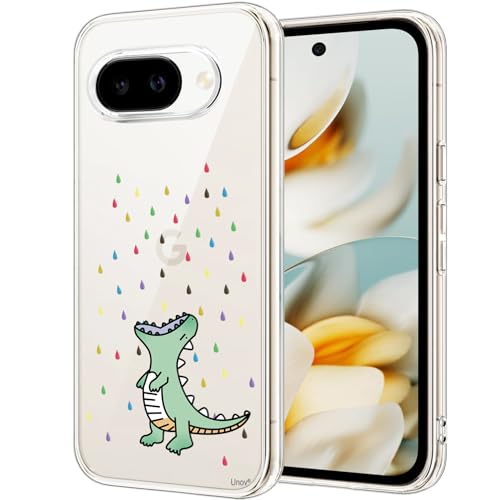 Unov Hülle Kompatibel mit Pixel 9a Hülle klar Transparent Schlanke Schutzhülle Weich TPU Stoßstange Geprägtes das Muster Stoßdämpfung (Regenbogen Dinosaurier) von Unov