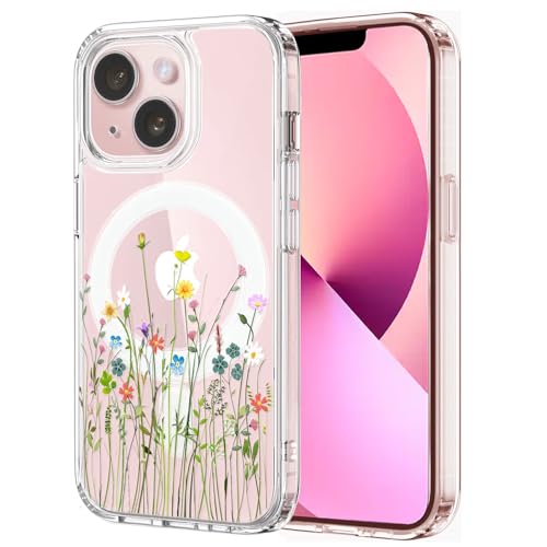 Unov Hülle Kompatibel mit iPhone 12 Mini iPhone 13 Mini Hülle klar Transparent Kompatibel mit Magsafe Geprägtes das Muster Stoßfest rutschfest Schlanke Schutzhülle (Blumen Blumenstrauß) von Unov