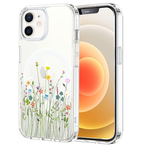 Unov Hülle Kompatibel mit iPhone 12 iPhone 12 Pro Hülle klar Transparent Kompatibel mit Magsafe Geprägtes das Muster Stoßfest rutschfest Schlanke Schutzhülle (Blumen Blumenstrauß) von Unov