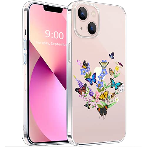 Unov Hülle Kompatibel mit iPhone 13 Hülle klar Transparent Schlanke Schutzhülle Weich TPU Stoßstange Geprägtes das Muster Stoßdämpfung 6.1 Zoll (Blumen Schmetterling) von Unov