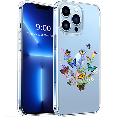 Unov Hülle Kompatibel mit iPhone 13 Pro Hülle klar Transparent Schlanke Schutzhülle Weich TPU Stoßstange Geprägtes das Muster Stoßdämpfung 6.1 Zoll (Blumen Schmetterling) von Unov