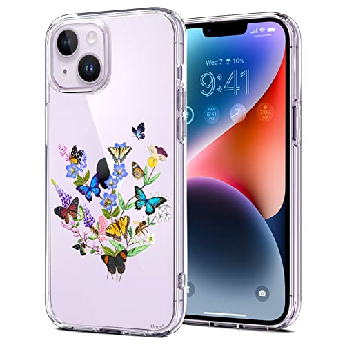 Unov Hülle Kompatibel mit iPhone 14 Hülle klar Transparent Schlanke Schutzhülle Weich TPU Stoßstange Geprägtes das Muster Stoßdämpfung 6.1 Zoll (Blumen Schmetterling) von Unov