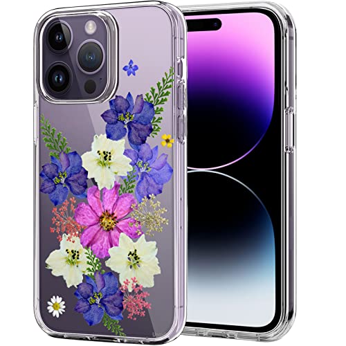Unov Hülle Kompatibel mit iPhone 14 Pro Hülle klar Transparent Schlanke Schutzhülle Weich TPU Stoßstange Geprägtes das Blumen Muster Stoßdämpfung 6.1 Zoll (Very Peri Blumenstrauß) von Unov