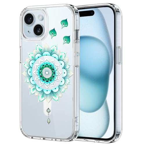 Unov Hülle Kompatibel mit iPhone 15 Hülle klar Transparent Kompatibel mit Magsafe Geprägtes das Muster Stoßdämpfung Stoßfängerschutz Stoßfest rutschfest Schlanke Schutzhülle (Minz Mandala) von Unov