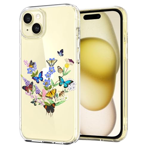 Unov Hülle Kompatibel mit iPhone 15 Hülle klar Transparent Schlanke Schutzhülle Weich TPU Stoßstange Geprägtes das Muster Stoßdämpfung 6.1 Zoll (Blumen Schmetterling) von Unov