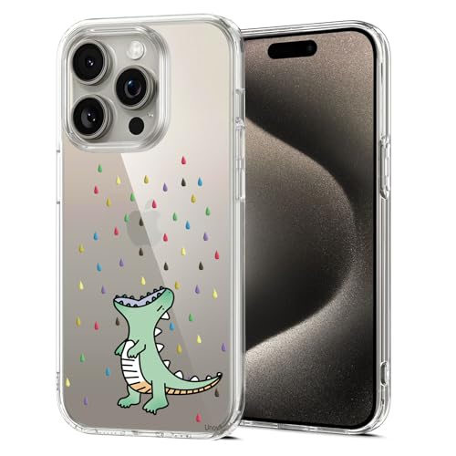 Unov Hülle Kompatibel mit iPhone 15 Pro Hülle klar Transparent Schlanke Schutzhülle Weich TPU Stoßstange Geprägtes das Muster Stoßdämpfung 6.1 Zoll (Regenbogen Dinosaurier) von Unov