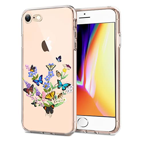 Unov Hülle Kompatibel mit iPhone SE (2022) (2020) iPhone 8 Hülle iPhone 7 Hülle klar Transparent Schlanke Schutzhülle Weich TPU Stoßstange Geprägtes das Muster Stoßdämpfung (Blumen Schmetterling) von Unov