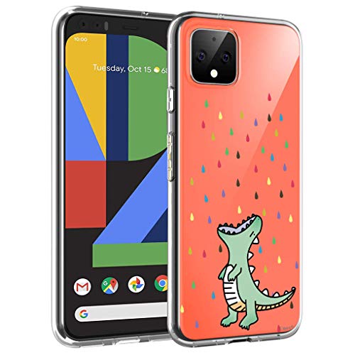 Unov Pixel 4 Hülle Klar mit Design Weich TPU Stoßdämpfung Slim Prägung Muster Schutzhülle für Pixel 4 (5,7 Zoll) (Regenbogen Dinosaurier) von Unov