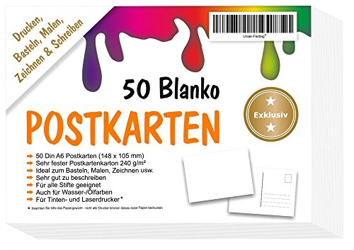 50 Blanko Postkarten DIY weiss in A6 zum selber gestalten, bemalen, bedrucken 240g mit erhöhtem Papiervolumen EXTRA STARK von Unser-Festtag