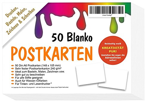 50 Blanko Postkarten beidseitig weiss A6 - ohne Linien/Briefmarkenfeld - ALLES selbst gestalten bemalen beschreiben - totale kreative Freiheit von Unser-Festtag