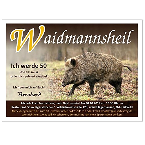 Einladungskarten Geburtstag exklusiv für Jäger und Jagd Motiv Wildschwein Wild Waidmannsheil, 70 Karten - 21 x 14,8 cm DIN A5 von Unser-Festtag