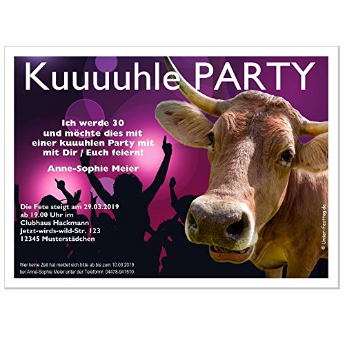 Einladungskarten für Erwachsene, JEDES Alter möglich, lustig originell 30 50 70 - runder Geburtstag Party mit Kuh, 50 Karten - 17 x 12 cm von Unser-Festtag