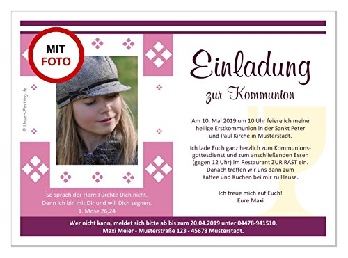 Kommunionseinladungskarten für Mädchen mit Spruch, schön modern, mit Foto und Wunschtext, 30 Karten, Maße 17 x 12 cm von Unser-Festtag