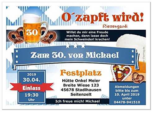 Lustige, Witzige bayrische Einladungskarten für runden Geburtstag - kostenloser Eindruck Ihres Textes, 70 Stück, Größe 17 x 12 cm von Unser-Festtag