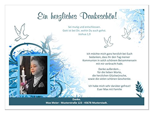 Moderne Dankeschön Karten Kommunion Junge - coole originelle - mit Foto und Wunschtext - Menge 50, Größe 17 x 12 cm von Unser-Festtag
