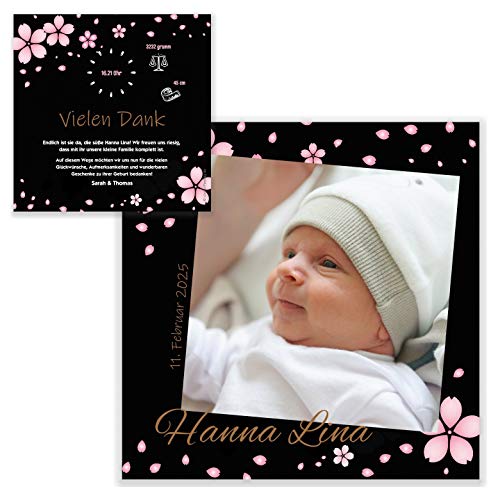 Unser-Festtag Design Blumen Baby Dankeskarte Geburt Baby Danke Karten schick ausgefallen, mit Foto und Ihrem Wunschtext - 40 Karten von Unser-Festtag