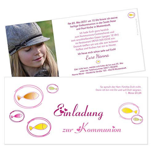 Unser-Festtag Fische Einladung Kommunion Einladungskarten zur Kommunion Mädchen - mit Foto (oder ohne) - Text personalisiert - 20 Karten von Unser-Festtag