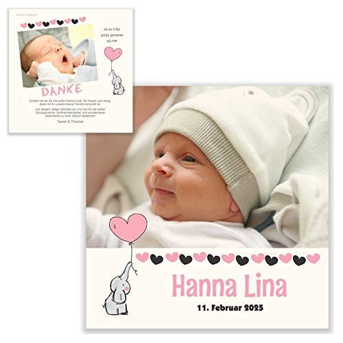 Unser-Festtag Kleiner Elefant Baby Girl Geburtskarte Baby Dankeskarte für Mädchen, Geschenke, Ihr Wunschtext mit Baby-Fotos - 5 Karten von Unser-Festtag
