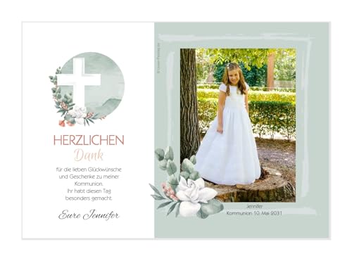 Unser-Festtag Kommunion Dankekarten Florales Kreuz für Mädchen schön edel - mit FOTO (oder ohne) (30 Karten - 21 x 14,8 cm (Din A5)) von Unser-Festtag