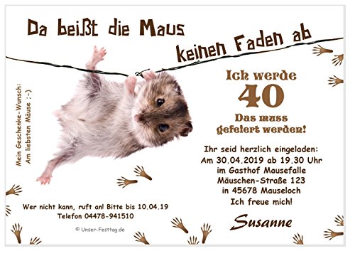 Unser-Festtag Lustige Einladungskarte Maus am Faden Geburtstagseinladungen - lustig, witzig, originell persönlich - 100 Karten von Unser-Festtag