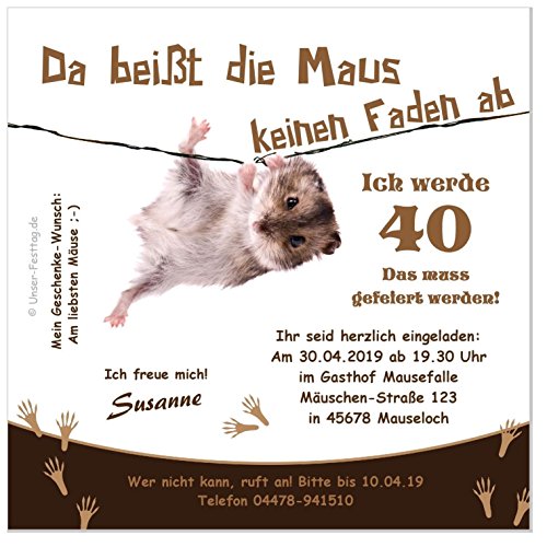 Unser-Festtag Maus am Faden Nr. 2 Lustige, Witzige Einladungskarten für runden Geburtstag - 30 Karten von Unser-Festtag