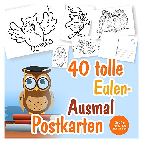 Unser-Festtag 40 Postkarten zum Ausmalen. Viele unterschiedliche Eulen-Motive. Größe Din A6 (ca. 14,8 x 10,5 cm) von Unser-Festtag