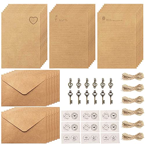 Unvtap Briefpapier mit Umschlag 72 Stücke Vintage Schreiben Briefpapier und Umschläge Set(24 Blätter Briefpapier, 12 Umschlägen, 12 Retro Schlüsseln, 12 Hanfseilen, 12 Aufklebern) von Unvtap