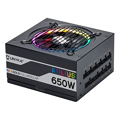 UNYKAch ATILIUS Full Modular ATX-Netzteil schwarz 650 W mit RGB-Beleuchtung, Effizienz 90%, Lüfter 120 mm ultraleise und Überstromschutz von Unykach