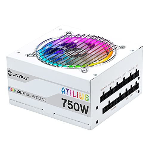 UNYKAch Netzteil ATILIUS Full Modular ATX weiß 750 W mit RGB-Beleuchtung, Effizienz 90%, Lüfter 120 mm ultraleise und Überstromschutz von Unykach