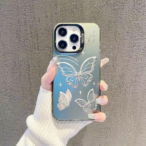 Phone Hülle für iPhone 16 Pro Max, Reflective Glossy Hard Matte Back Shockproof Cover, Black Luxury Print Cute Butterfly Aesthetic Pattern Case with Anti Scratch (Black-Butterfly3, iPhone 16 Pro Max) von Uorker