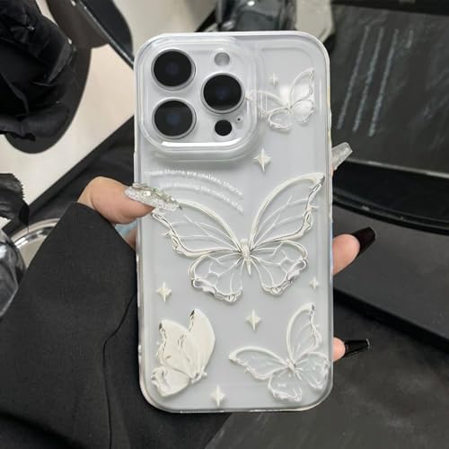 Uorker Phone Hülle für iPhone 16Pro Max, Embossed Pattern Clear Slim TPU Bumper, Transparent Print Cute Butterfly Aesthetic Pattern, Anti Scratch Cover (White-Butterfly2, iPhone 16 Pro Max) von Uorker