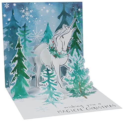 Pop Up 3D LICHT Weihnachten Karte Einhorn Winterwald 13x13 cm von Up With Paper
