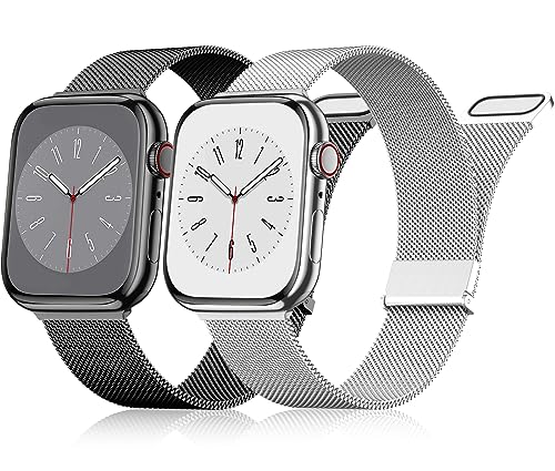 UpNeioco 2 Stück Armband Kompatibel mit Apple Watch Armband 40mm 41mm 38mm Damen Herren, Magnetisch Edelstahl Metallarmband für iWatch Series 9 8 SE 7 6 5 4 3 2 1, Schwarz & Silber Metall Armband von UpNeioco