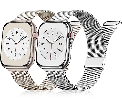 UpNeioco 2 Stück Armband Kompatibel mit Apple Watch Armband 40mm 41mm 38mm Damen Herren, Magnetisch Edelstahl Metallarmband für iWatch Series 9 8 SE 7 6 5 4 3 2 1,Silber & Polarstern Metall Armband von UpNeioco