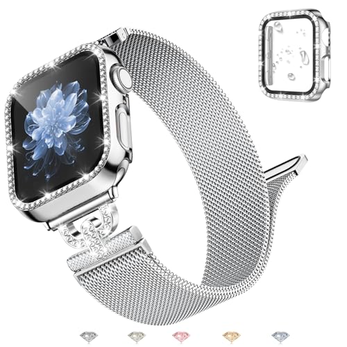 UpNeioco Metall Armband Kompatibel mit Apple Watch Armband 38mm 40mm 41mm 45mm 42mm 44mm,Diamant Glitzer Displayschutz Hülle 38mm,Magnetisch Edelstahl Metall Armband Damen für iWatch 9 8 7 6 5 4 3 2 1 von UpNeioco