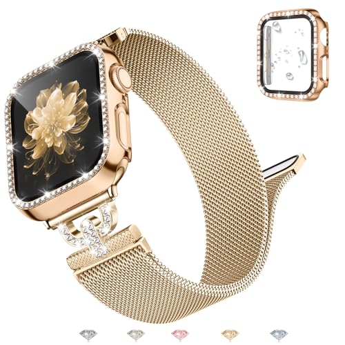 UpNeioco Metall Armband Kompatibel mit Apple Watch Armband 40mm 41mm 38mm 42mm 44mm 45mm,Diamant Glitzer Displayschutz Hülle 40mm,Magnetisch Edelstahl Metall Armband Damen für iWatch 9 8 7 6 5 4 3 2 1 von UpNeioco