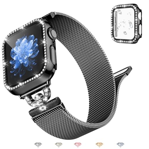 UpNeioco Metall Armband Kompatibel mit Apple Watch Armband 40mm 41mm 38mm 42mm 44mm 45mm,Diamant Glitzer Displayschutz Hülle 40mm,Magnetisch Edelstahl Metall Armband Damen für iWatch 9 8 7 6 5 4 3 2 1 von UpNeioco