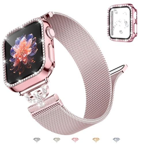 UpNeioco Metall Armband Kompatibel mit Apple Watch Armband 41mm 40mm 38mm 45mm 44mm 42mm,Diamant Glitzer Displayschutz Hülle 41mm,Magnetisch Edelstahl Metall Armband Damen für iWatch 9 8 7 6 5 4 3 2 1 von UpNeioco