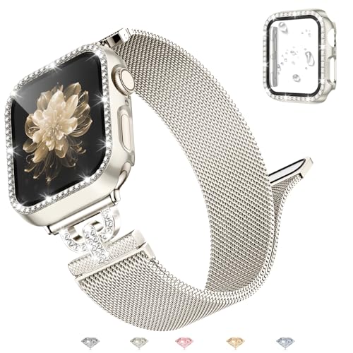 UpNeioco Metall Armband Kompatibel mit Apple Watch Armband 42mm 44mm 45mm 38mm 40mm 41mm,Diamant Glitzer Displayschutz Hülle 42mm,Magnetisch Edelstahl Metall Armband Damen für iWatch 9 8 7 6 5 4 3 2 1 von UpNeioco