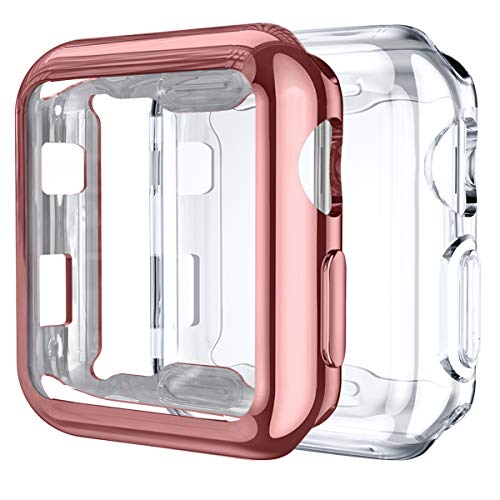 Upeak 2 Stück Hülle mit Displayschutz Kompatibel mit Apple Watch Series 3/2/1 38mm, TPU Rundum Schutzhülle Case für Series 1/2/3, Klar/Rosa von Upeak