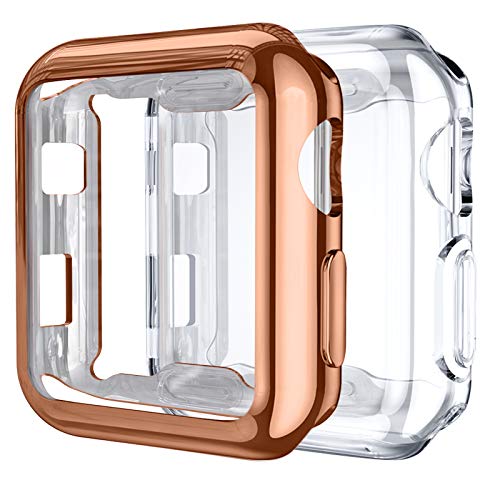 Upeak 2 Stück Hülle mit Displayschutz Kompatibel mit Apple Watch Series 3/2/1 42mm, TPU Rundum Schutzhülle Case für Series 1/2/3, Klar/Roségold von Upeak