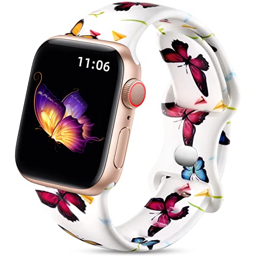 Upeak Doppelseitiges Blumenarmband Kompatibel mit Apple Watch Armband 38mm 40mm 41mm 42mm(Series 10), Silikon Armbänder für iWatch 10/9/8/7/6/5/4/3/SE, 38 40 41 42mm(Series 10)-S/M, Schmetterling von Upeak