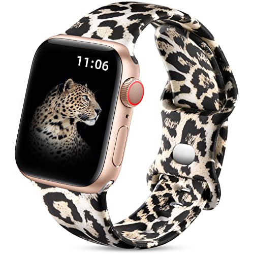 Upeak Doppelseitiges Blumenarmband Kompatibel mit Apple Watch Armband 38mm 40mm 41mm für Damen, Muster Silikon Armbänder für iWatch Series 9/8/7/6/5/4/3/2/1/SE, 38mm/40mm/41mm-M/L, Leopard von Upeak