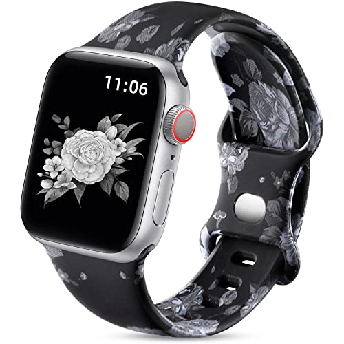 Upeak Doppelseitiges Blumenarmband Kompatibel mit Apple Watch Armband 38mm 40mm 41mm für Damen, Muster Silikon Armbänder für iWatch Series 9/8/7/6/5/4/3/2/1/SE, 38mm/40mm/41mm-S/M, Graue Blume von Upeak