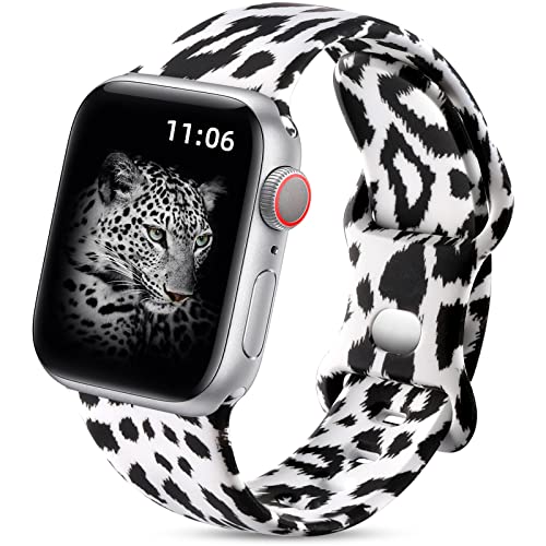 Upeak Doppelseitiges Blumenarmband Kompatibel mit Apple Watch Armband 38mm 40mm 41mm für Damen, Muster Silikon Armbänder für iWatch Series 9/8/7/6/5/4/3/2/1/SE, 38mm/40mm/41mm-S/M, Schwarzer Leopard von Upeak