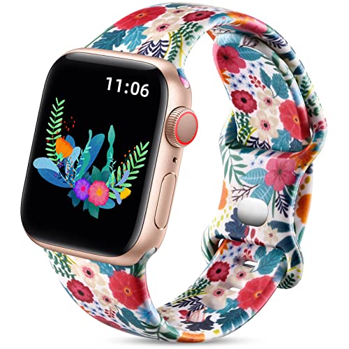 Upeak Doppelseitiges Blumenarmband für Apple Watch Armband 49mm 45mm 44mm 42mm für Damen, Muster Silikon Armband für iWatch Series Ultra/9/8/7/6/5/4/3/2/1/SE, 49/45/44/42mm-S/M, Palmblatt von Upeak
