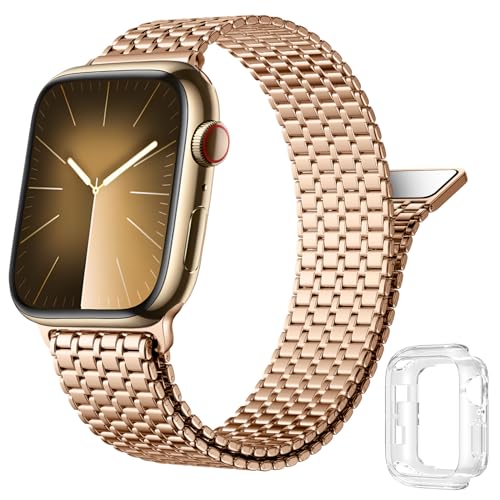 Upeak Edelstahl Armband Kompatibel mit Apple Watch Armband 44mm 45mm 42mm für Herren Damen, Starkes Magnetisches Metall Loop Ersatzband mit Hülle für iWatch Ultra 2 SE Series 9 8 7 6 5 4 3 2, Roségold von Upeak