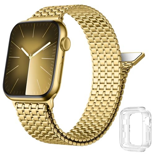 Upeak Edelstahl Armband Kompatibel mit Apple Watch Armband 44mm 45mm 42mm für Herren Damen, Starkes Magnetisches Metall Loop Ersatzband mit Hülle für iWatch Ultra 2 SE Series 9 8 7 6 5 4 3 2 1, Gold von Upeak