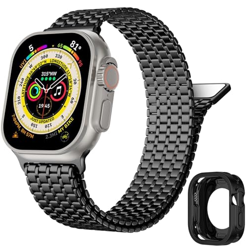 Upeak Edelstahl Armband Kompatibel mit Apple Watch Ultra Armband 49mm für Herren Damen, Starkes Magnetisches Metall Loop Ersatzband mit Hülle für iWatch Ultra 2 & Ultra, Schwarz von Upeak